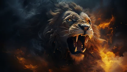 The contours of a lion face in the mist. Mist texture. Paint water mix. Yellow glowing fog cloud wave abstract art background with free space. © Kyrtap_Studio