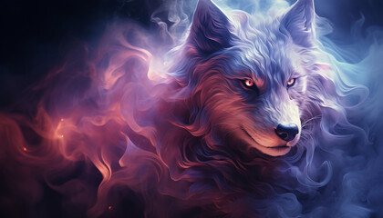 The contours of a wolf face in the mist. Mist texture. Paint water mix. Blue glowing fog cloud wave abstract art background with free space. © Kyrtap_Studio