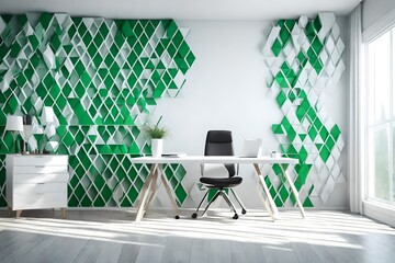 White and green diamond pattern home office in front of 3d wall 3d render