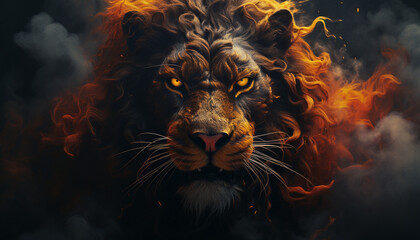 The contours of a lion face in the mist. Mist texture. Paint water mix. Yellow glowing fog cloud wave abstract art background with free space. © Kyrtap_Studio