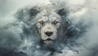 The contours of a bear face in the mist. Mist texture. Paint water mix. Gray glowing fog cloud wave abstract art background with free space. © Kyrtap_Studio