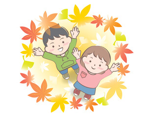 紅葉を見上げる子供たち