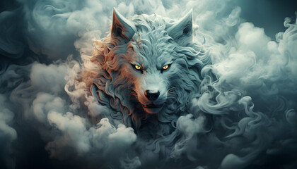 The contours of a wolf face in the mist. Mist texture. Paint water mix. Blue glowing fog cloud wave abstract art background with free space. © Kyrtap_Studio