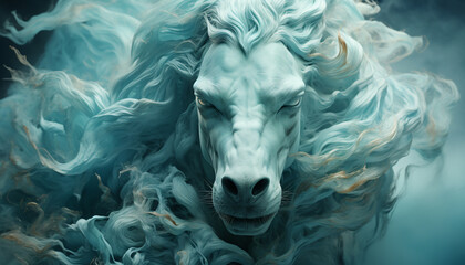 The contours of a Pegasus face in the mist. Mist texture. Paint water mix. Turquoise glowing fog cloud wave abstract art background with free space. © Kyrtap_Studio