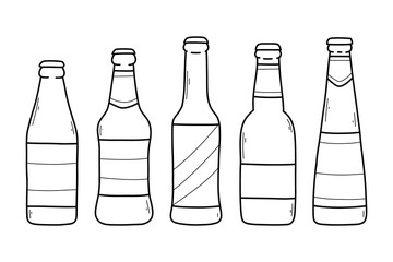 Set of beer bottles in doodle style. Linear collection of bottles. Vector illustration.