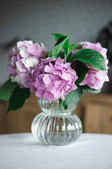 Pink hydrangea flowers in a vase on the background of a home interior