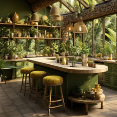 A tropical kitchen set in bamboo and rattan 

