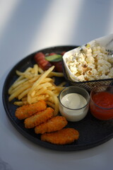 Snacks Platter Sausage Fried Fries Pop Corn Nugget and Sauce