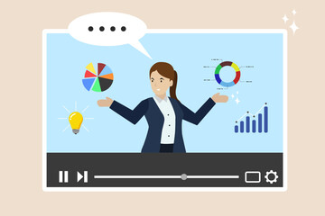 Explanatory video training course, expertise explaining online business strategy, video clips or tutorials, expert entrepreneur explaining business pie chart in video interface.