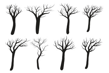 
set of hand-drawn Halloween dry, dead, spooky, scary tree vector silhouette, Halloween creepy old dry No leaves svg clipart, Winter Naked Black Branch bare branches trees silhouettes vector elements