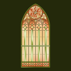 Church glass window. Stained glass arch on green background.