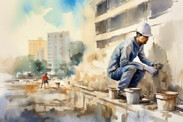 Painter repairing the outer wall of a building