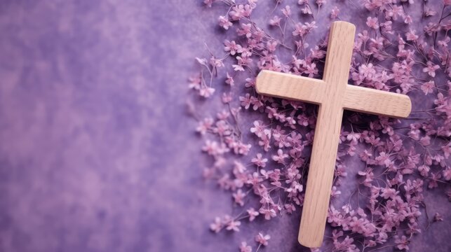 Wooden cross with lavender flowers 