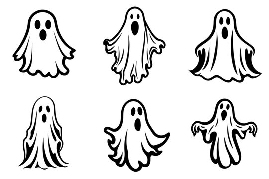 Collection of simple flat ghosts vector. Halloween scary ghostly monsters cartoon. Cute cartoon spooky character
