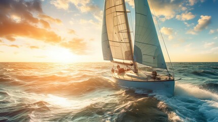 Yacht sailing the sea with sunset view  - obrazy, fototapety, plakaty