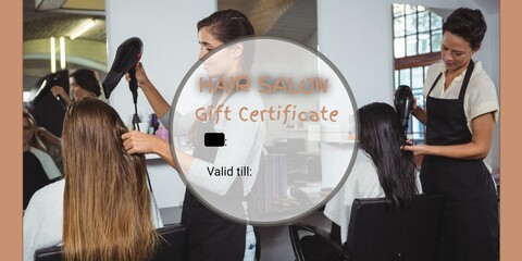 Composite of hair salon gift certificate text over diverse female hairdressers with female clients