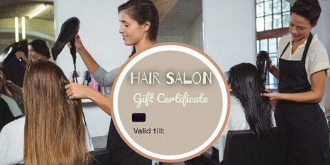 Composite of hair salon gift certificate text over diverse female hairdressers with female clients