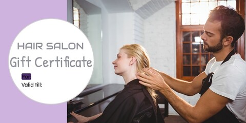 Composite of hair salon gift certificate text over caucasian male hairdresser with female clients