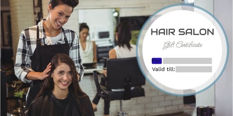 Composite of hair salon gift certificate text over biracial female hairdresser with female client