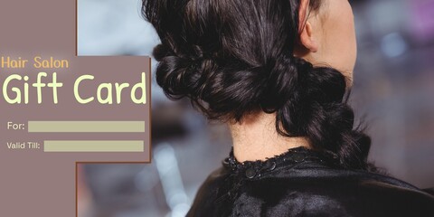 Composite of hair salon gift certificate text over caucasian female client at hairdresser salon