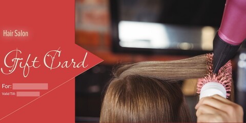 Composite of hair salon gift certificate text over caucasian female hairdresser drying hair