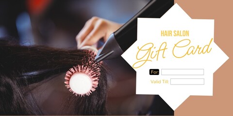 Composite of hair salon gift certificate text over caucasian female hairdresser drying hair