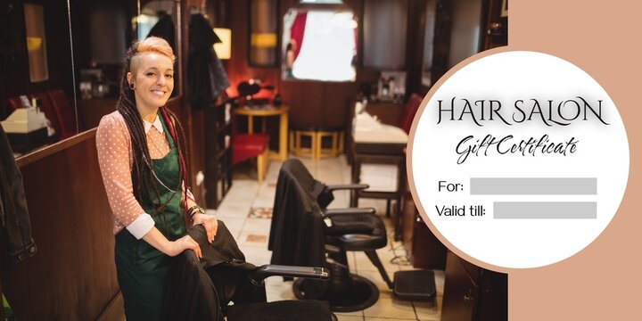 Composite of hair salon gift certificate text over caucasian female hairdresser in hair salon