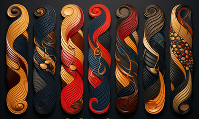 Obraz premium Various graphic patterns, vertical stripes, silk satin style, with artistic ornaments, festive elegance. Dussehra Indian silk, vintage red and gold, traditional Indian art, glittery satin material 