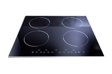 Black glossy built in ceramic glass induction or electric hob stove cooker with four burners, isolated on white background.