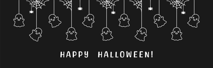 Happy Halloween banner border with ghost hanging from spider webs. Spooky Ornaments Decoration Vector illustration, trick or treat party invitation