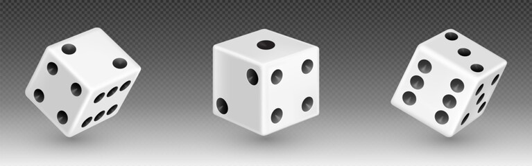 White 3d isolated realistic dice for casino game vector icon. Backgammon lucky cube roll with 1, 6 or two dot number. Random rolling square luck choice for poker gaming entertainment illustration