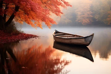 Foto op Plexiglas serene ambiance of an autumnal forest. Morning mist rises gently off a calm pond, reflecting fiery-red maple trees and golden oak leaves. The stillness is only broken by a lone wooden rowboat tied to  © Christian