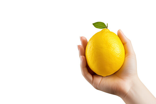 Lemon in hand isolated on white background with copy space