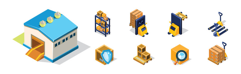 Warehouse Objects with House and Cardboard Box on Shelves Isometric Vector Set