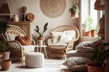 Comfortable wicker furniture in cozy living room with ethnic style. Illustration generative AI - obrazy, fototapety, plakaty