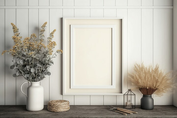 Compositon of mockup picture frame and home decor elements. IIllustration generative AI
