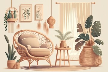 Comfortable living room in bohemian style with rattan furniture. Illustration generative AI