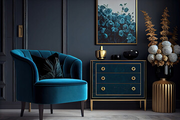 Blue classic armchair next to elegant cabinet in living room. Illustration generative AI - obrazy, fototapety, plakaty
