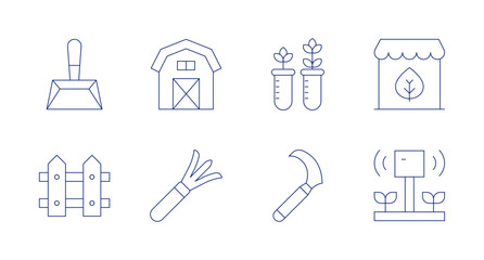 Farm icons. editable stroke. Containing dustpan, farm house, test tube, shop, fence, gardening tools, sickle, smart farm.