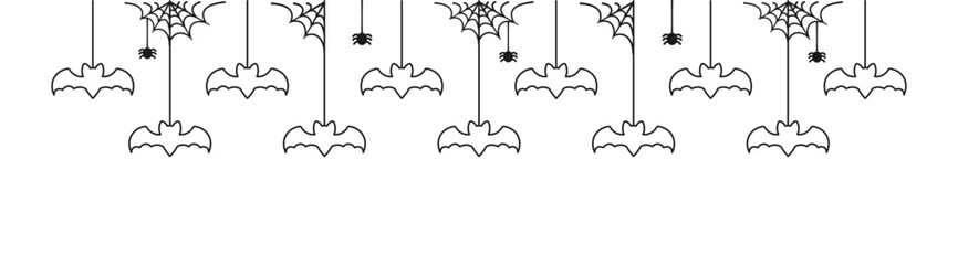 Happy Halloween banner border with bats hanging from spider webs doodle outline. Spooky Ornaments Decoration Vector illustration, trick or treat party invitation