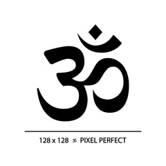 2D pixel perfect silhouette glyph style om icon, isolated vector, meditation illustration, solid pictogram.