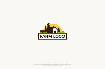 The Organic farm house concept logo with landscape. Farming badge Label for natural products. Vector Illustration