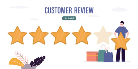 Fototapeta na wymiar Customer review concept. Client satisfaction, businessman hold and give star. Five stars rating, high quality concept. Online survey, feedback. Horizontal banner.