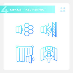 2D pixel perfect gradient icons set representing soundproofing, blue thin line illustration.