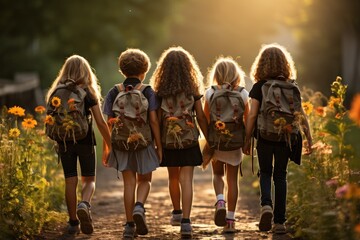 Children back to school after summer. Generative AI. - obrazy, fototapety, plakaty