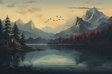 Beautiful album cover design of calm mountain and lake concept. Generative AI. - obrazy, fototapety, plakaty