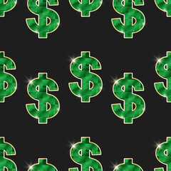 Dollar vector seamless pattern. Faceted crystal USD symbols in gold frames on black background. Best for polygraphy, mobile apps and web design.