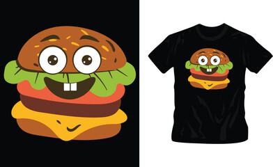 Whimsical illustration of burger cartoon character fast food concept t-shirt design editable template 
