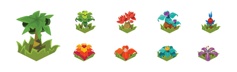 Fantasy Plant and Flower Growing in Ground Isometric Vector Set