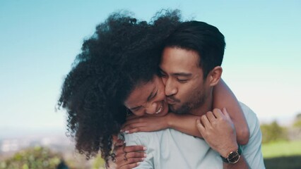 Piggy back, smile or couple with love, outdoor or marriage with fun, summer break or romance. Park, man carrying woman or support with romance, commitment or playful with adventure or loving together